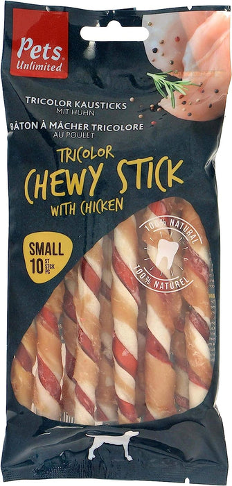 Pets Unlimited, Tricolor Chewy Sticks with Chicken - Small (6 Units)