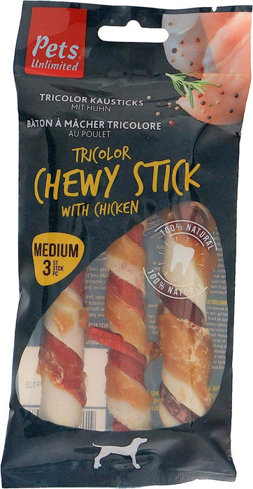 Pets Unlimited, Tricolor Chewy Stick with Chicken - Medium (6 Units)