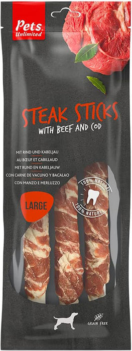 Pets Unlimited, Steak Sticks with Beef and Cod 100g - Large (8 Units)